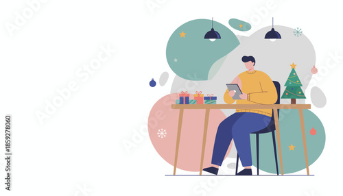 Man using a tablet for online holiday shopping or remote work among Christmas gifts and decor