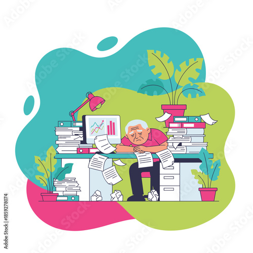 Overwhelmed senior worker asleep at desk buried in paperwork Stress burnout and excessive workload concept