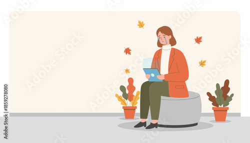 Crying woman holding a glowing tablet Autumn setting for mental health cyberbullying or bad news
