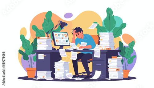 Overworked man stressed by huge piles of documents and deadlines at his office desk Burnout concept