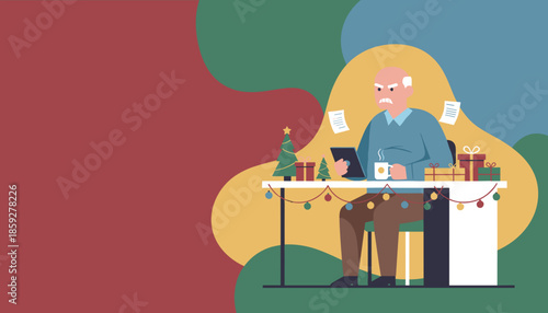 Grumpy senior man stressed about holiday work or finance checking a tablet at a festive desk