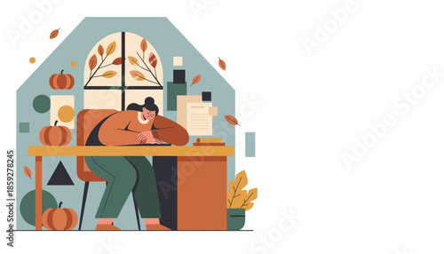 Cozy autumn workstudy Woman writing at a desk with pumpkins and fall leaves