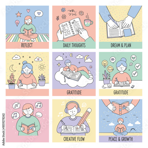 Journaling set for selfcare reflection gratitude planning and creative flow Pastel vector art