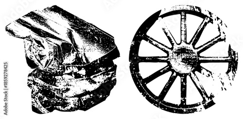 stacked books and wagon wheel