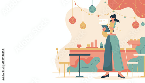 Small business owner analyzes cafe data on a tablet Hospitality management and entrepreneurship concept