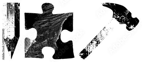 pencil puzzle piece hammer black and white distressed