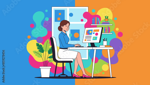 A cheerful woman works on a computer in a vibrant colorful office environment Creative business concept