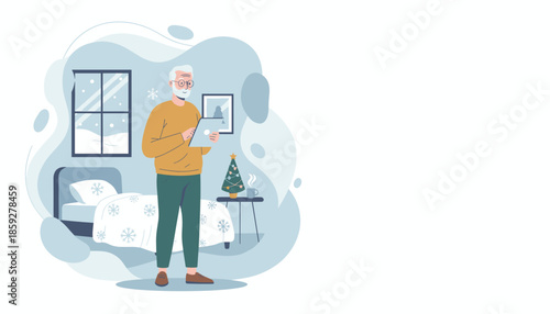 Senior man using tablet in a cozy decorated room during winter holidays