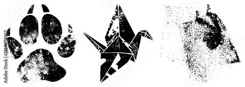 animal paw print origami crane abstract splatter