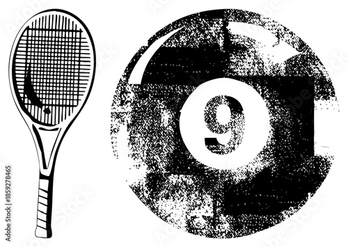 tennis racket and number nine pool ball vector