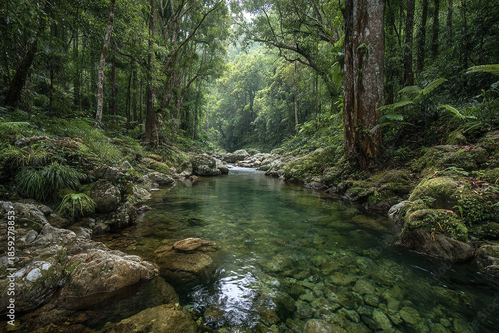 Obraz premium Serene rainforest waterway flowing creek through lush jungle with clear water and moss covered rocks creating peaceful natural environment full of vibrant green foliage