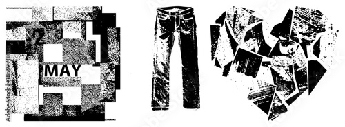 May month calendar grid with denim jeans and shattered heart