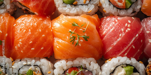 Assorted Sushi Rolls with Salmon Tuna and Sesame Seeds