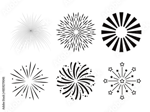 Simple fireworks stroke set black. Black shooting stars fireworks bursting with trails and sparkles on white background.
