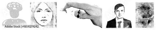 five stylized human portraits halftone