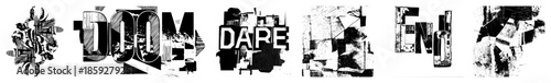 Abstract typography words doom dare end in distressed black and white vector style