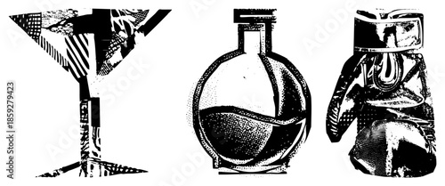 cocktail glass perfume bottle boxing glove vector set