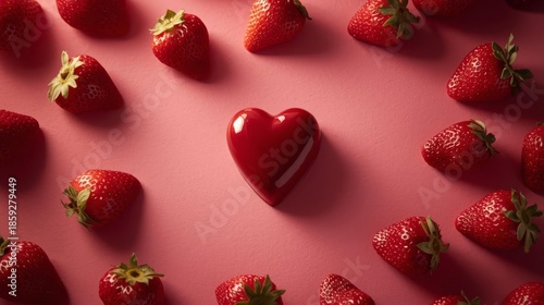 Red heart-shaped chocolate surrounded by fresh strawberries on a vibrant pink background, symbolizing love and sweetness.
