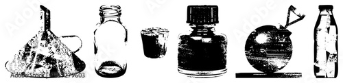 six vintage glass containers with textured black and white vector style
