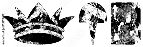 Three stylized crowns with distressed textures