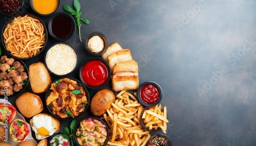 A Tasty Selection of High-Calorie Fried Fast Food Dishes Perfectly Arranged for Takeaway Enjoyment