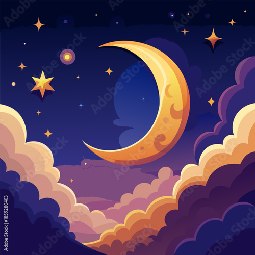 A serene nightscape featuring a golden crescent moon and sparkling stars