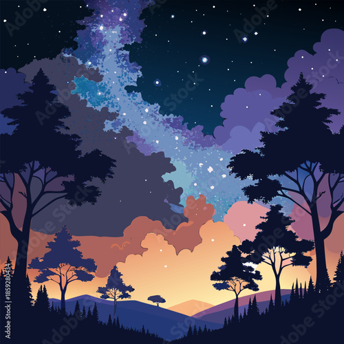 Silhouetted trees against a vibrant and colorful night sky with a milky way