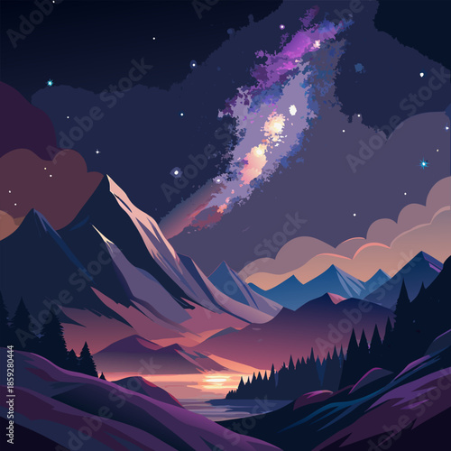 Majestic mountains silhouetted against a vibrant colorful galactic night sky