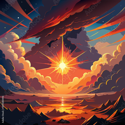 Dramatic sunset over mountains with a radiant sun and swirling clouds