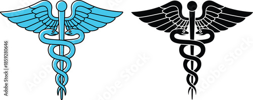 Caduceus medical symbol vector set featuring winged staff and snakes healthcare medicine and pharmacy emblem designs