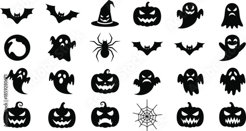 Halloween silhouette icons vector set with pumpkins ghosts bats spiders webs and spooky horror symbols
