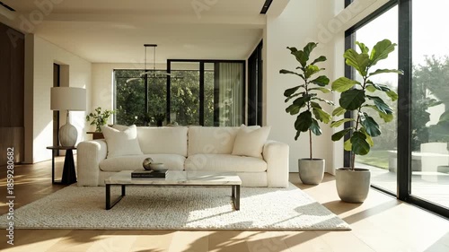 Wide angle static shot capturing the peaceful stillness of a spacious modern living room featuring a minimalist white sofa and tall potted plants near a large window interior, property, modern