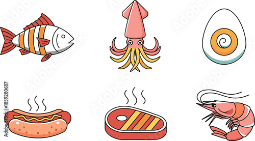Seafood and fish food vector set featuring fish squid shrimp steak hotdog and egg illustrations