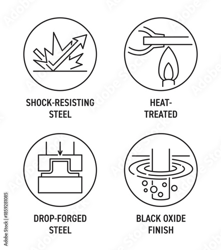 Tool steel main features icons with different properties, in thin line