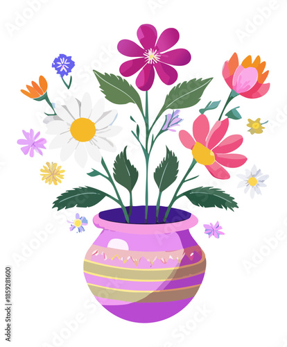 Soft pastel flower arrangement in a lavender ceramic vase with delicate white daisies for a peaceful atmosphere