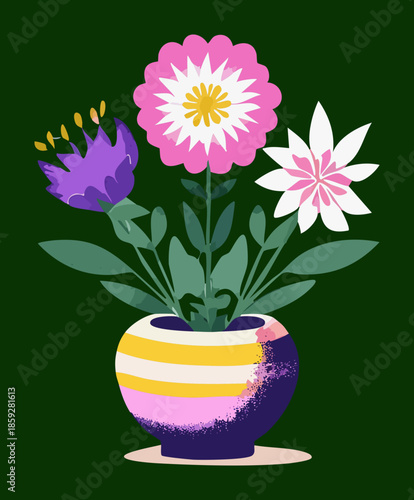 Artistic flower bouquet in a decorative ceramic vase with purple and pink blossoms for home interior decoration