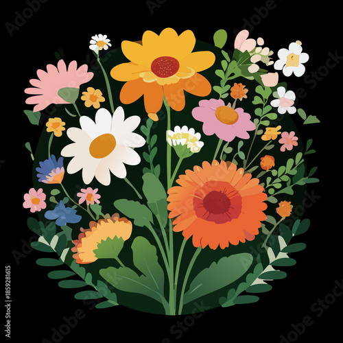 Colorful mixed wildflower bouquet with daisies and sunflowers against a dark artistic midnight sky background