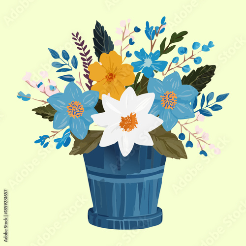 Bright blue and yellow wildflower bouquet in a dark blue pot for rustic garden design projects