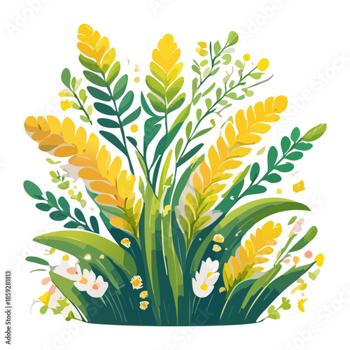 Golden wheat ears mixed with green fern leaves and white wildflowers in a sunny meadow illustration style