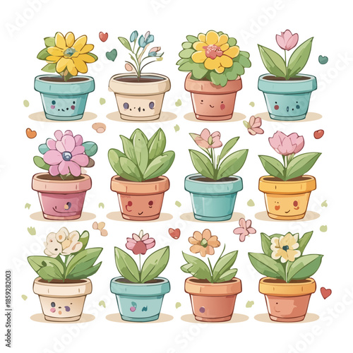 collection of cute cartoon succulent plants and flowers in colorful pots for home garden and interior decoration