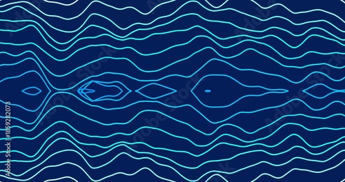Smooth wavy lines shimmer with shades of blue on a black background, creating a dynamic abstract pattern. The rhythmic movement of the lines fills the space with a sense of energy and fluidity.