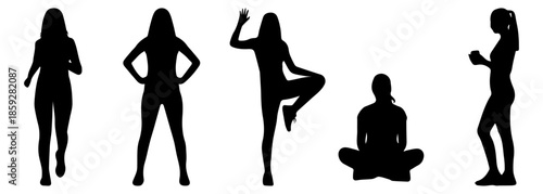 Woman silhouettes set, female character in different poses walking yoga meditation and drinking coffee