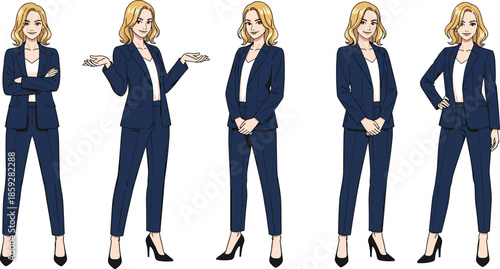 Businesswoman character poses set, flat vector illustration of confident professional woman standing in formal suit isolated