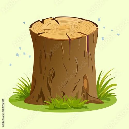 Rustic tree stump in a green field for a natural and simple forest plant life illustration design
