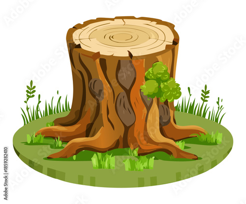 Large tree stump with green moss and small plant sprouts for a forest nature and growth concept