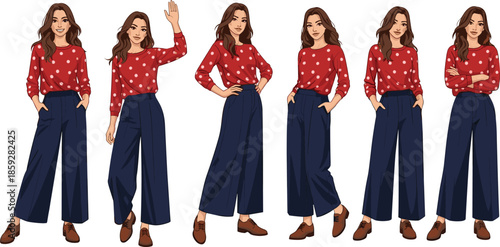 Casual woman character poses set, flat vector illustration of stylish female wearing polka dot blouse and wide pants isolated