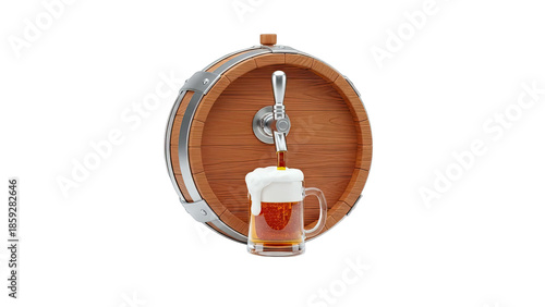 Beer barrel with tap and frothy mug