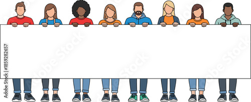 Diverse people holding blank banner, flat vector illustration of multicultural group standing together for announcement message template marketing promotion advertising