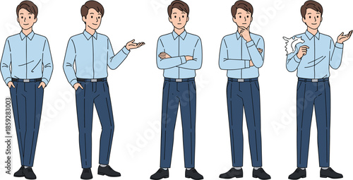 Male character poses set, flat vector illustration of businessman expressing thinking, explaining, confident, confused emotions isolated