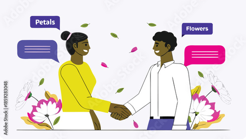Handshake between smiling woman and man with flowers and petals around them on white background for business or greeting concept